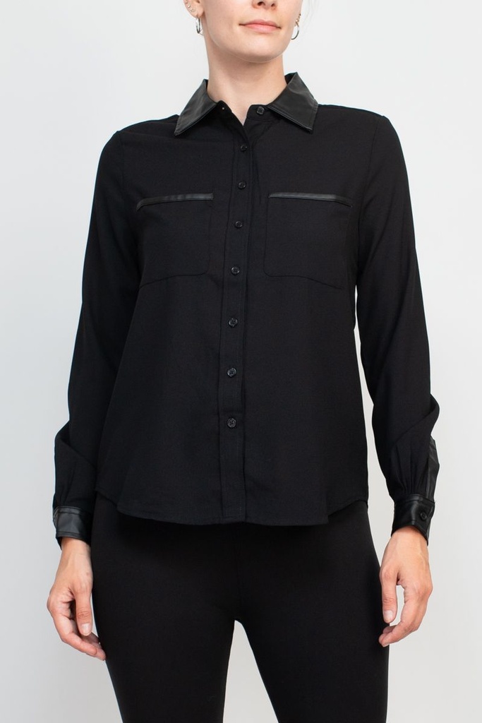Blusa camisera con detalles de cuero 