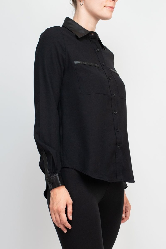 Blusa camisera con detalles de cuero 