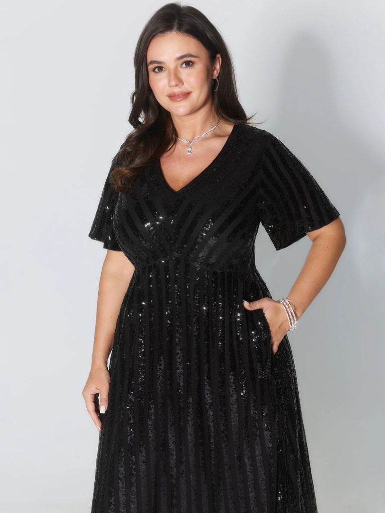 Vestido midi brillante con escote en V