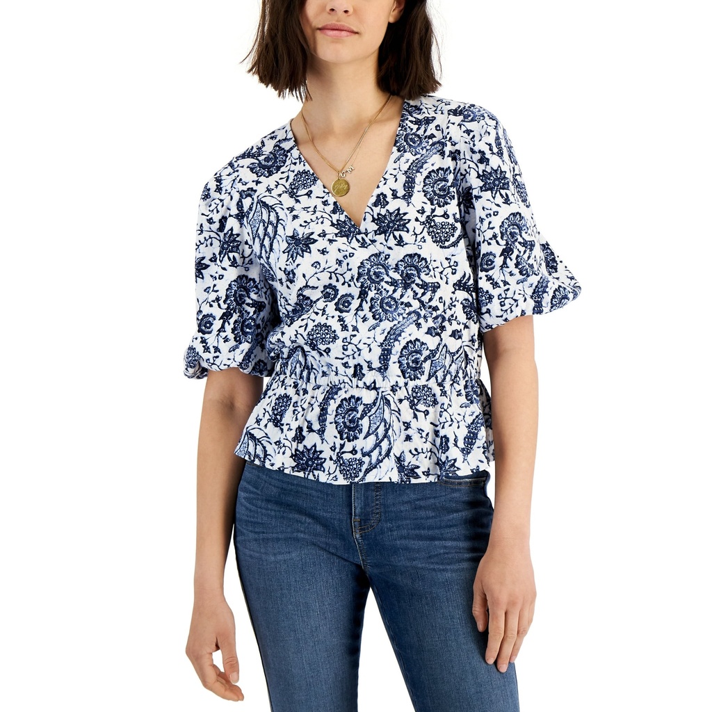 Blusa traslapada con mangas puff