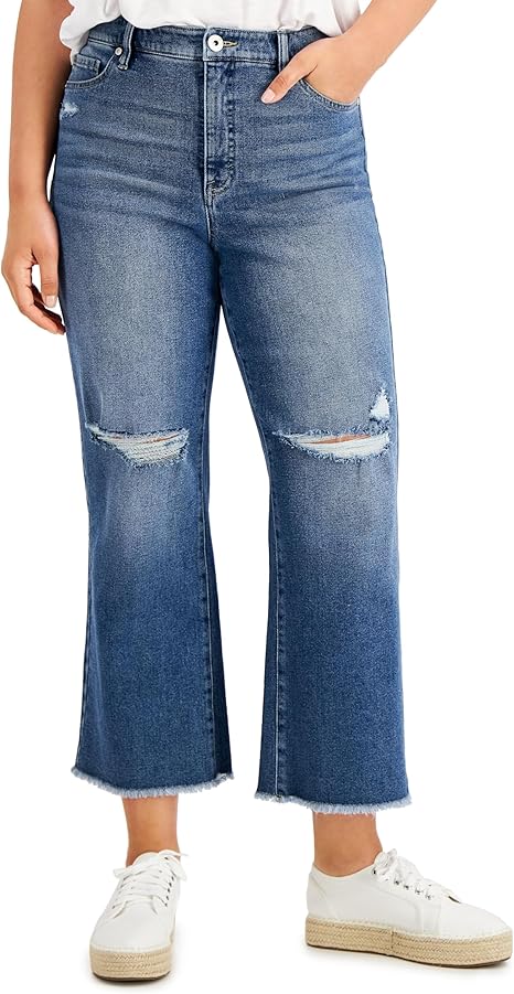Jeans crop de pierna ancha rasgados