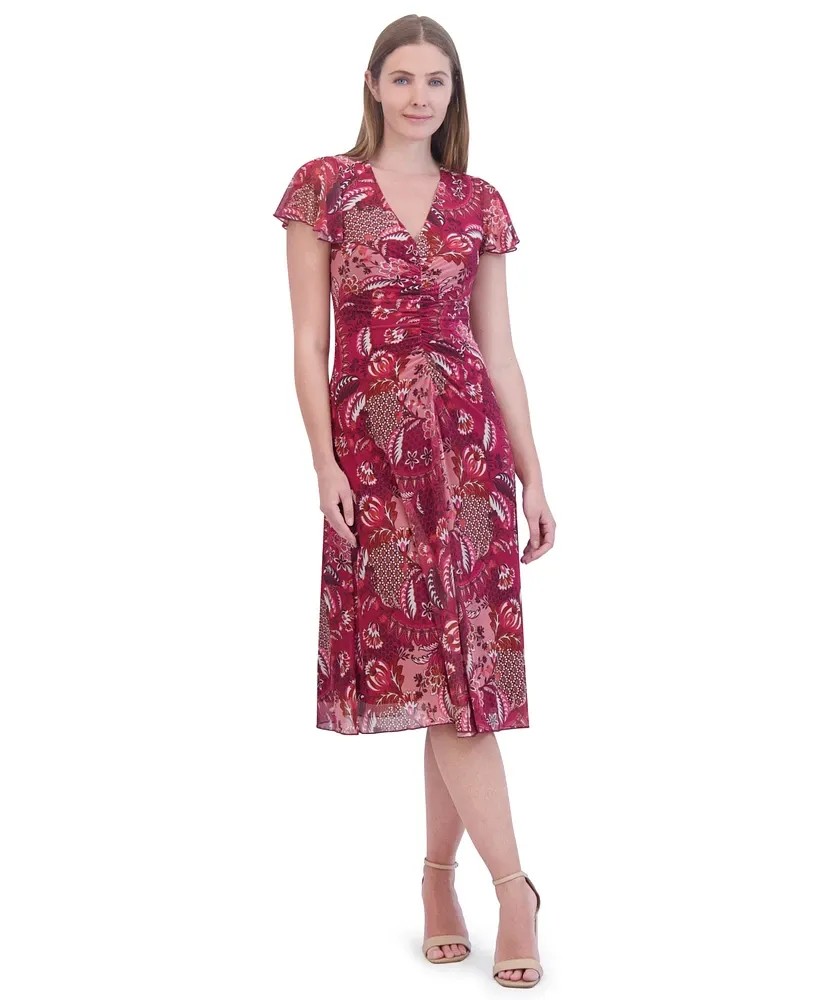 Vestido midi fruncido con cuello en V