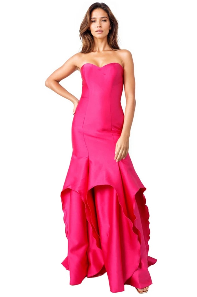 Vestido sirena de satén con volantes