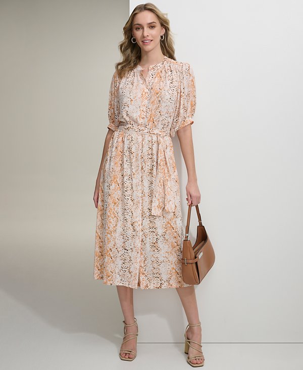 Vestido midi con cinturón y print