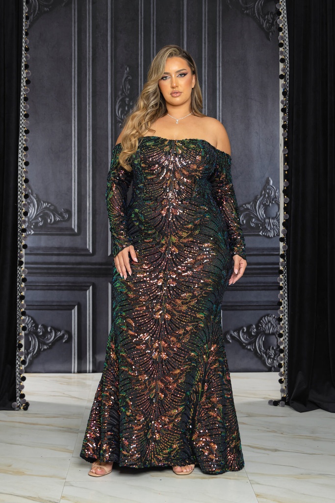 Vestido brillante con hombros descubiertos