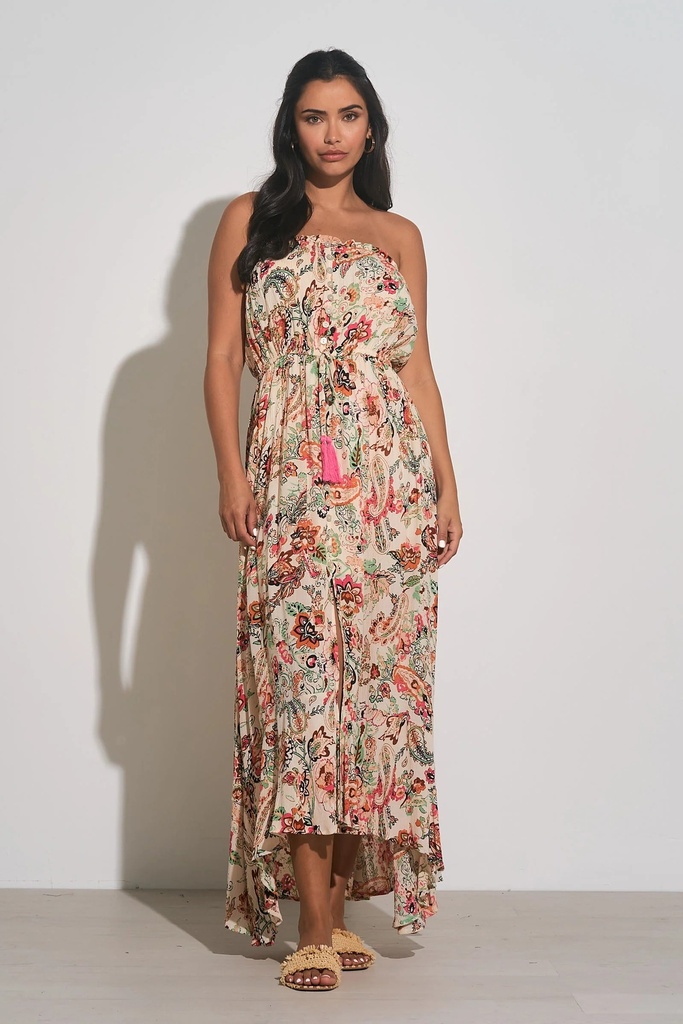 Maxi vestido strapless floral con borlas