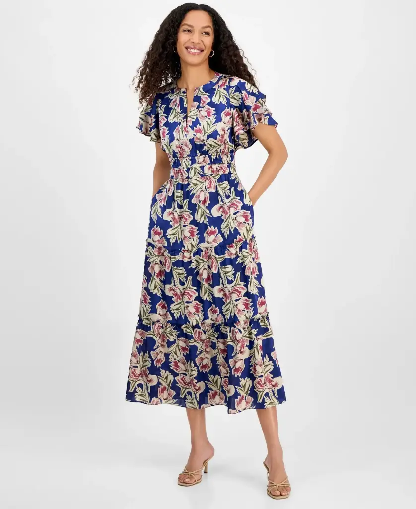 Vestido floral de cintura fruncida 