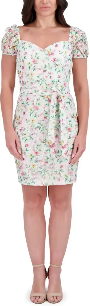 Vestido de encaje floral con mangas abulladas 