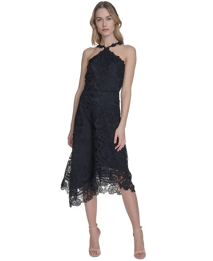 Vestido midi de encaje con escote halter