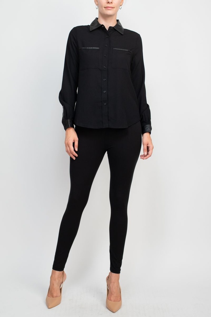 Blusa camisera con detalles de cuero 