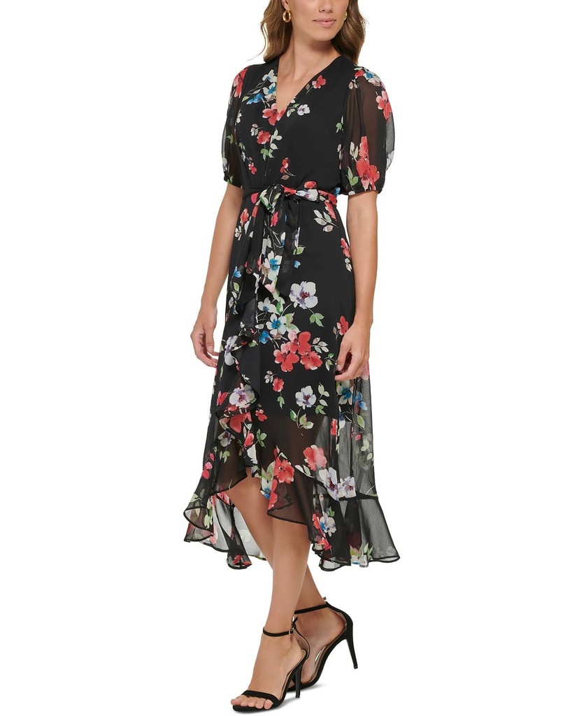 Vestido de gasa floral con volantes