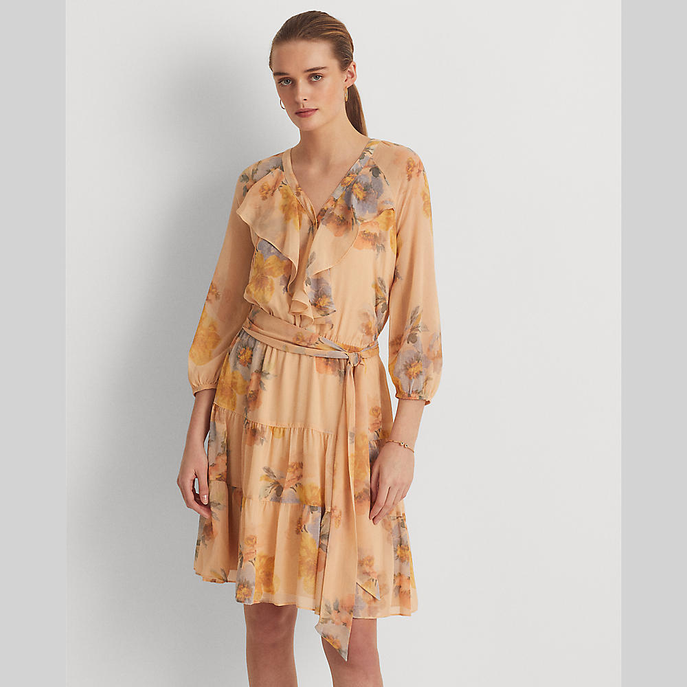 Vestido floral de georgette arrugado