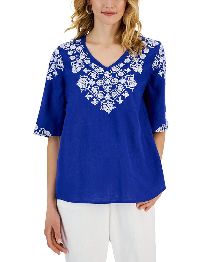 Blusa de lino con escote en V y bordado