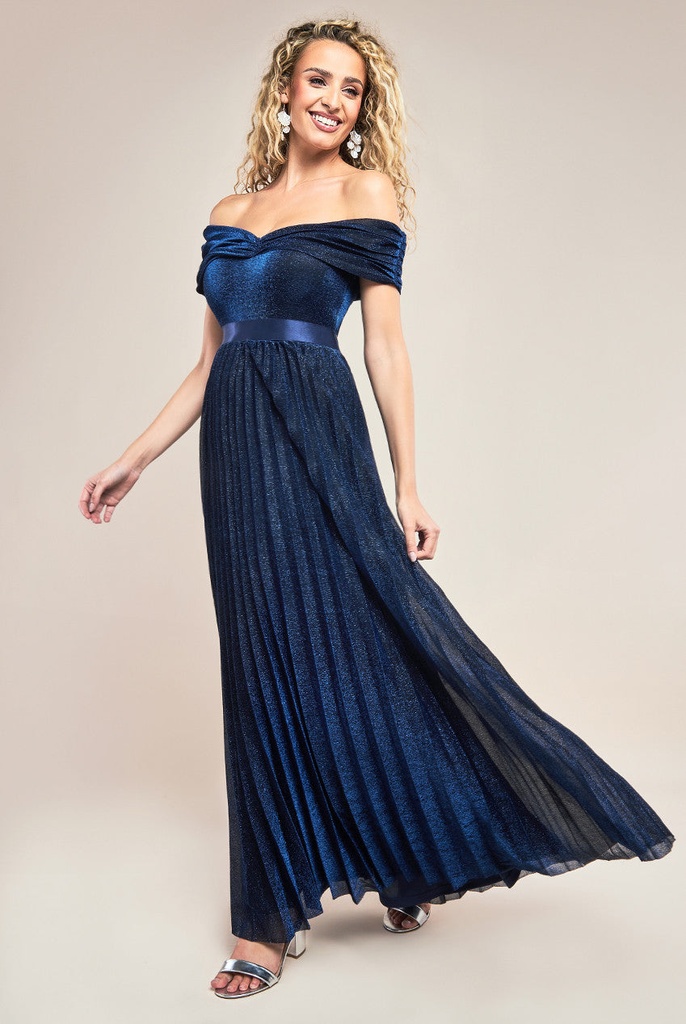 Vestido plisado de escote Bardot