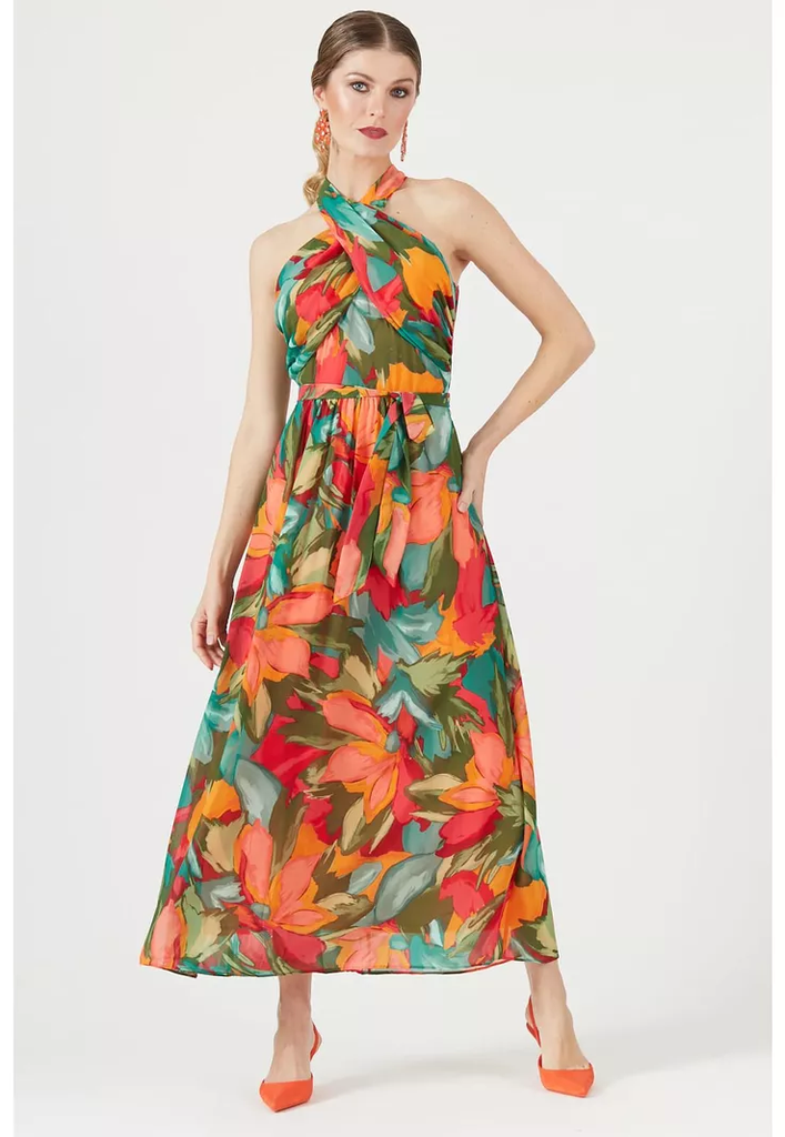 Vestido maxi con escote halter cruzado