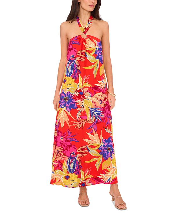 Vestido maxi cuello halter floral y lazo