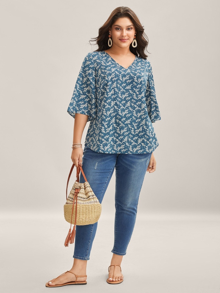Blusa sólida floral con mangas 3/4