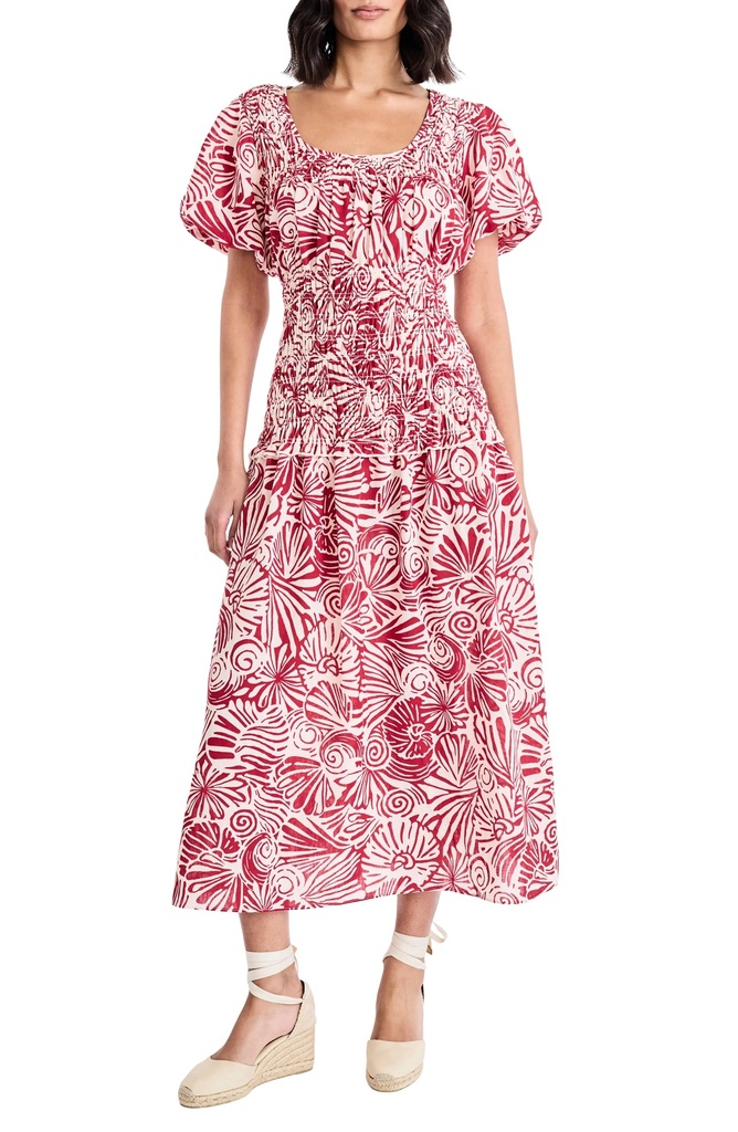 Vestido midi floral de mangas abullonadas