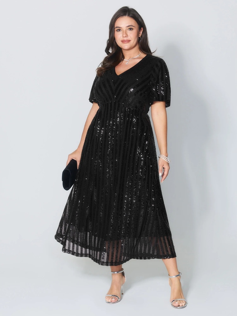 Vestido midi brillante con escote en V