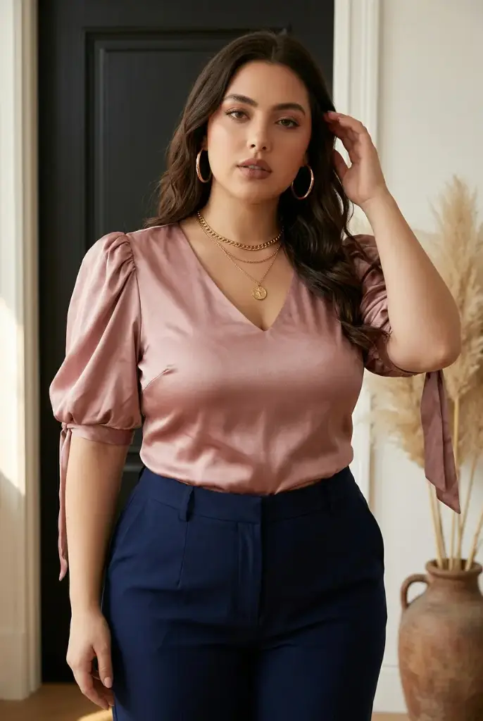 Blusa de satén con escote en V 
