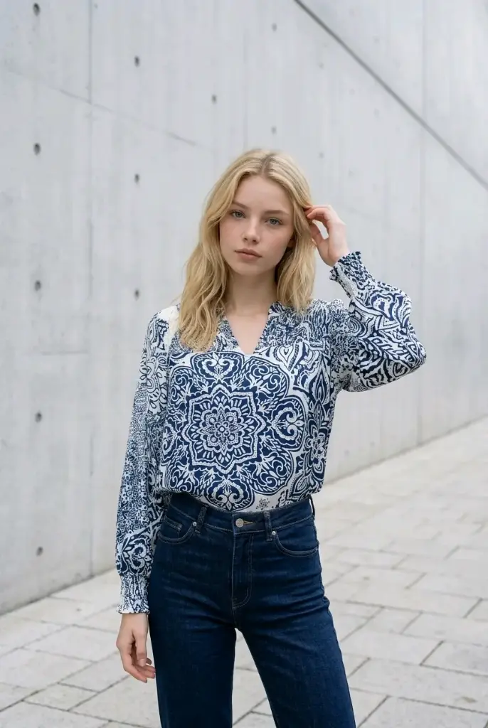 Blusa de satén Paisley con elástico 