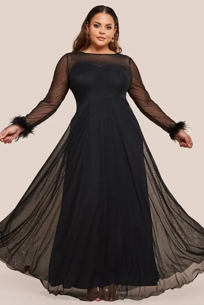 Vestido con mangas adornadas con plumas