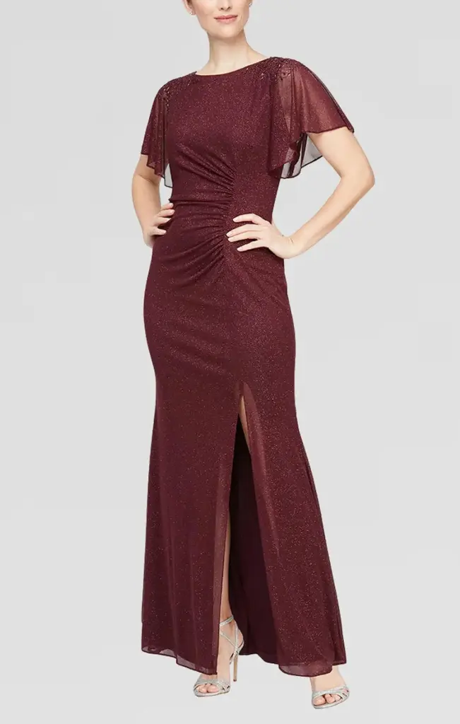Vestido de malla brillante con cintura fruncida