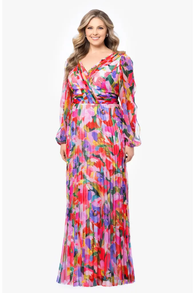 Vestido largo plisado de manga larga