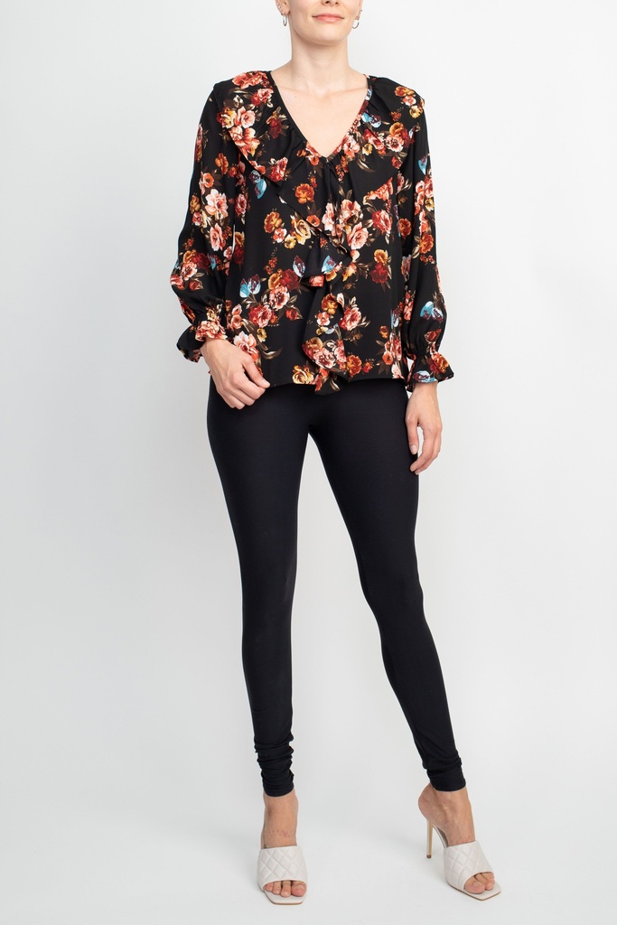 Blusa floral con volantes en el escote 