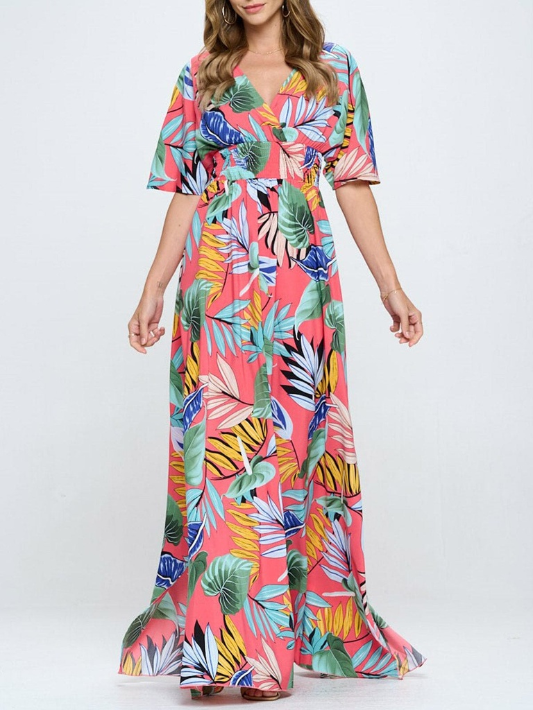 Vestido maxi  tropical con escote V