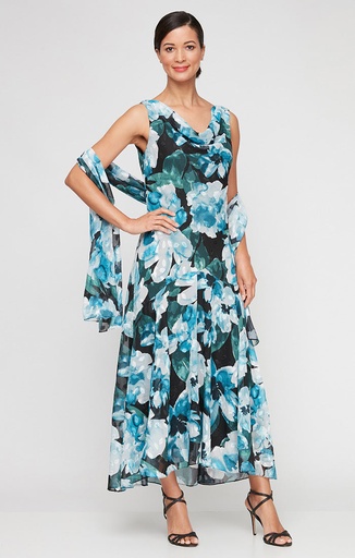 Vestido maxi de gasa floral con chal